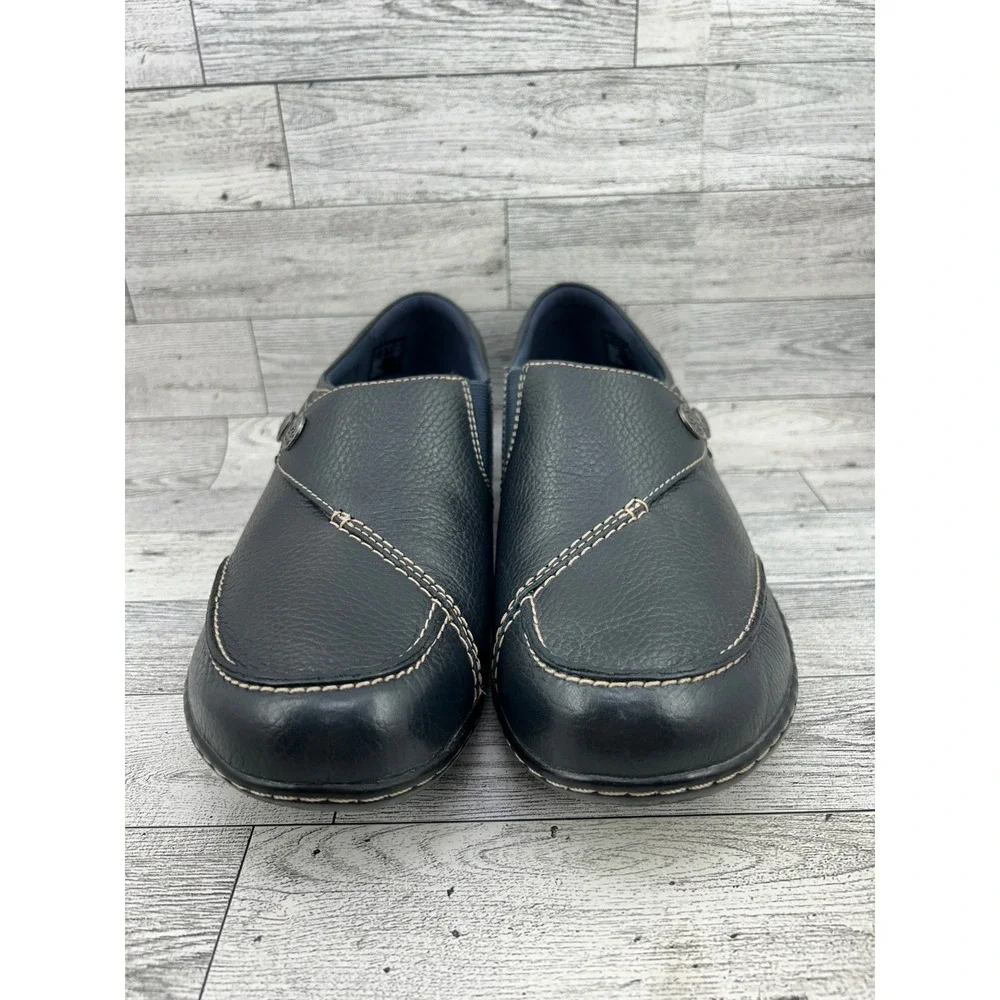 Clarks Collection Navy Leather Slip On Loafers Women 10W Ultimate Comfort Button